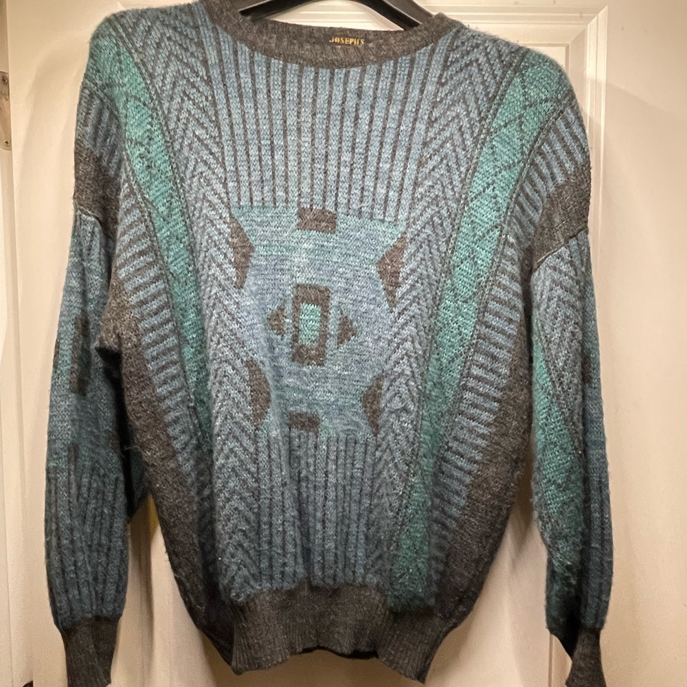 Men's Vintage Crewneck Sweater - Gray and Teal Geometric Design